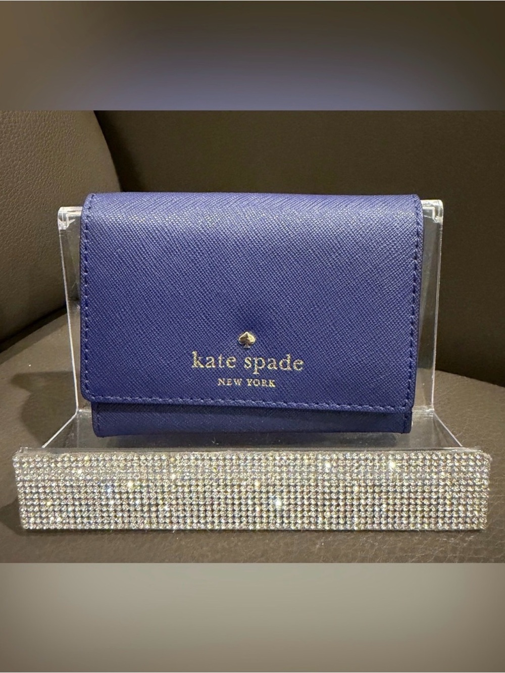 kate spade Navy Saffiano Leather Compact Wallet with Gold Logo